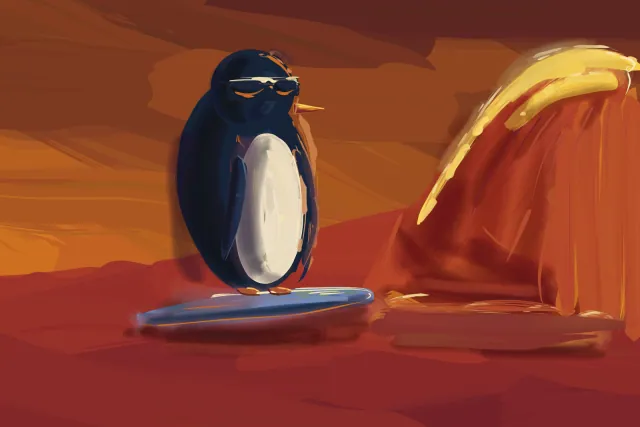 Penguin Rides the Lava, a painting by Captain Underpaint